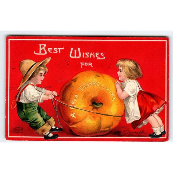 Thanksgiving Postcard Signed Ellen Clapsaddle Kids Rolling Giant Pumpkin 1909 - Picture 1 of 2